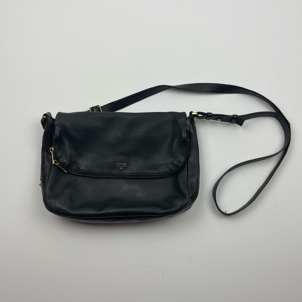 Vintage Fossil Black Leather Biker Style Purse Gold Zippers